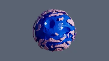Blue and purple low poly planet with continental landmasses and ocean areas in geometric polygonal art style