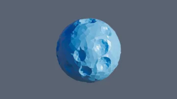 Blue low poly planet with geometric faceted surface and crystalline appearance rendered in 3D minimalist style