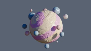 Colorful low poly planet with purple pink and beige surface textures surrounded by floating spherical moons in 3D space