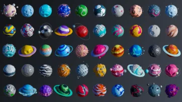 Collection of 50 diverse low poly planets arranged in grid showing various colors textures and ring systems for 3D game assets