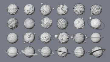Technical wireframe view of complete planets collection showing geometric structure and mesh topology in low-poly 3D design