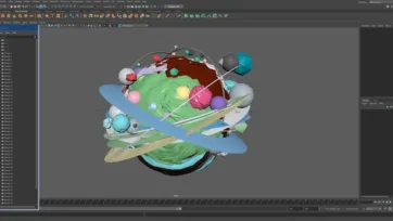 Maya 3D scene setup showing complete planets collection with orbital mechanics and ring systems in low-poly design