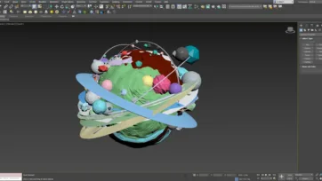 3ds Max viewport displaying comprehensive planets pack with multiple ring systems and satellite objects in low-poly style