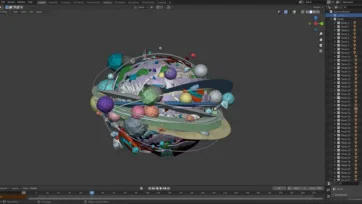 Complete Blender scene showing full collection of 50+ low-poly planets with rings, moons, and orbital systems