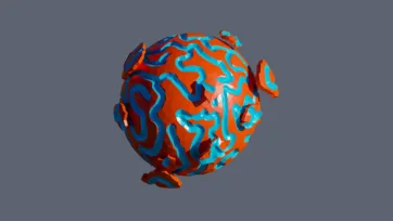 Orange planet with intricate blue river systems and cyan waterway patterns in low-poly 3D art style