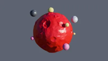 Red volcanic planet with multiple colorful orbiting moons including yellow, pink, and purple satellites in low-poly 3D