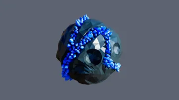 Dark crystalline planet with bright blue crystal spike formations and geometric surface structures in low-poly 3D
