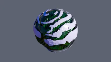 Striped planet with alternating green and white atmospheric bands in geometric low-poly 3D art style
