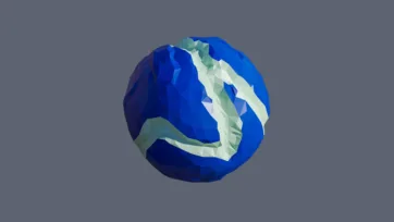 Blue planet with flowing white and green energy streams creating dynamic surface patterns in low-poly 3D style