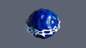 Deep blue crystalline planet with white ice formations and geometric faceted surface in low-poly 3D design