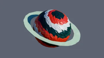 Storm planet with swirling red, white, and green atmospheric patterns encircled by pale green rings in low-poly 3D