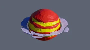 Multi-layered planet with red, yellow, and purple bands surrounded by white orbital rings in low-poly 3D art