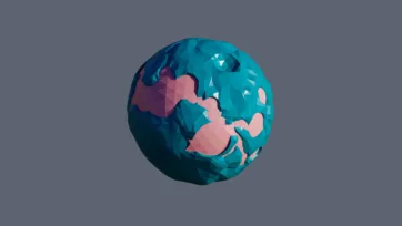 Turquoise ocean planet with pink continental landmasses and geometric surface patterns in low-poly 3D style