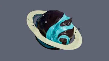 Ringed planet with cyan landmasses, dark terrain, and orbital debris in cream-colored ring system, low-poly 3D design