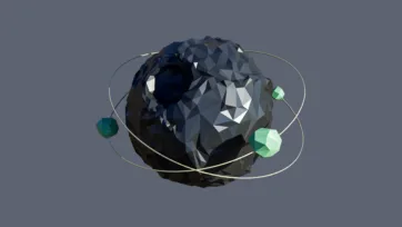 Dark crystalline asteroid with thin orbital rings and green crystal moon satellites in low-poly 3D design