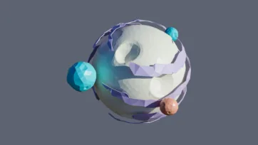 White and purple planet with colorful orbiting moons including cyan and orange satellites in low-poly 3D