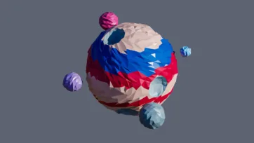 Multicolored planet featuring blue, red, and beige regions with multiple orbital moons in low-poly 3D