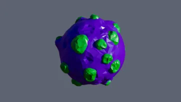 Deep purple planet with bright green crystal formations and emerald surface deposits in low-poly 3D