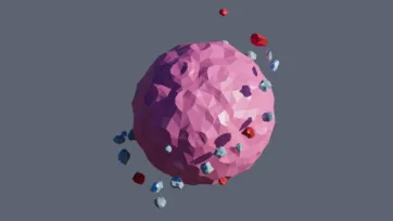 Pink crystalline asteroid with floating crystal fragments and space debris in low-poly 3D style