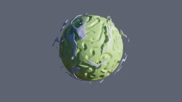 Green planet with atmospheric disturbances and floating debris fragments in low-poly 3D art