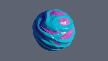 Cyan and magenta gas giant with dynamic swirled atmospheric patterns in low-poly 3D design