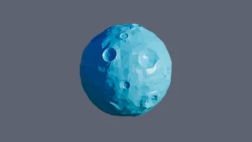 Blue ice planet with prominent crater formations and crystalline surface textures in low-poly 3D style