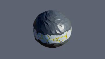 Grey metallic planet with bright yellow energy lines and technological surface patterns in low-poly 3D