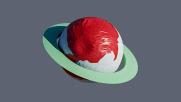 Red planet with bright green orbital rings and white atmospheric swirl patterns in low-poly 3D