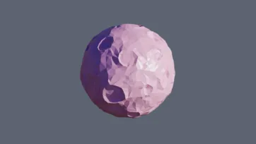 Purple and pink cratered planet with geometric faceted surface patterns in low-poly 3D art style