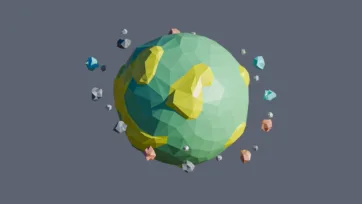 Green and yellow textured planet surrounded by floating crystal fragments in low-poly 3D design