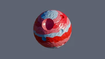Red and blue storm planet with dramatic swirling atmospheric patterns and weather systems in low-poly 3D