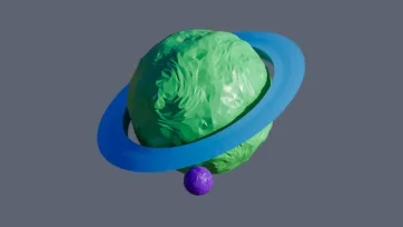 Vibrant green planet with blue orbital rings and purple moon satellite in low-poly 3D game asset style