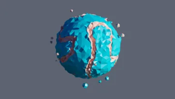 Bright turquoise planet with floating debris fragments and crystalline surface textures in low-poly 3D art