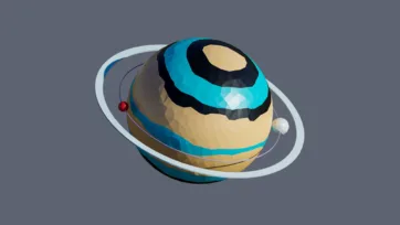 Multi-colored ringed planet with orbital moons and complex ring system in low-poly 3D space design