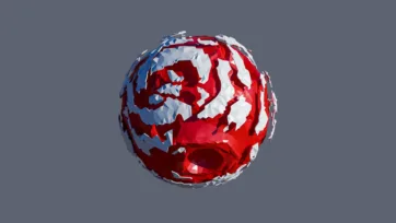 Red and white crystalline planet with fragmented geometric surface and ice-like formations in low-poly 3D art