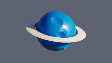 Deep blue ocean planet with white orbital ring system and swirling atmospheric patterns in low-poly 3D style