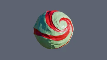 Red and green swirled planet with atmospheric bands and flowing surface patterns in low-poly 3D design