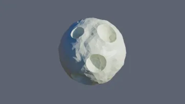 Frozen ice planet with crater patterns and blue-white crystalline surface textures in low-poly 3D design