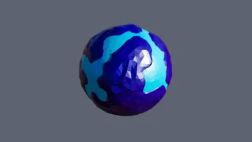 Deep blue planet with bright cyan atmospheric swirls and geometric surface patterns in low-poly 3D style