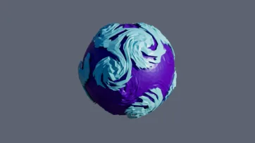 Purple and cyan swirled gas giant planet with dynamic atmospheric patterns in low-poly 3D art style