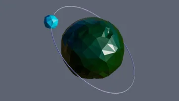 Forest green planet with visible orbital path line and small blue moon satellite in low-poly 3D design