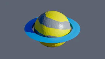 Saturn-inspired planet with prominent blue ring system and banded atmospheric layers in low-poly 3D style