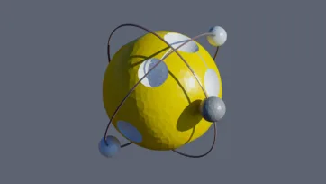 Bright yellow planet with multiple orbital rings and small moon satellites in low-poly 3D space scene