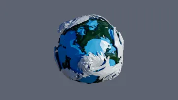 Earth-like planet with polar ice caps, continents, and swirling white storm systems in low-poly 3D art