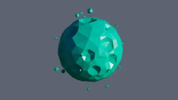 Bright emerald crystal planet with geometric fragmented surface and floating crystal pieces in low-poly 3D style