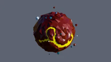 Dark volcanic planet with yellow lava patterns and floating debris particles in low-poly 3D game art