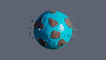 Turquoise ocean planet with brown continental landmasses and floating space debris in low-poly 3D style