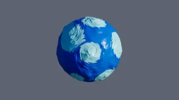 Deep blue ocean planet featuring white swirling storm systems and atmospheric patterns in low-poly 3D style