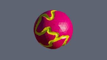 Bright magenta planet with yellow continental landmass patterns in geometric low-poly 3D art