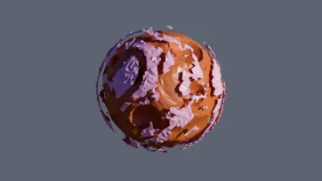 Purple and orange marbled planet with textured crystalline surface in low-poly 3D game asset style